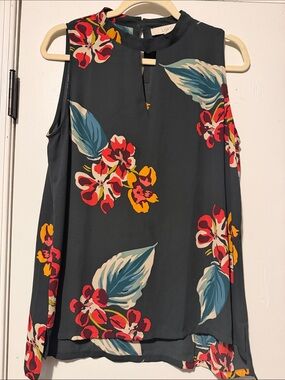LOFT olive/gray Floral Sleeveless Shell with Red & Yellow Blooms
